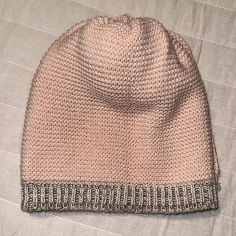 Nautica OS Little Girl Blush Pink Heather Gray Reverse Knit Pom Pom Hat Beanie